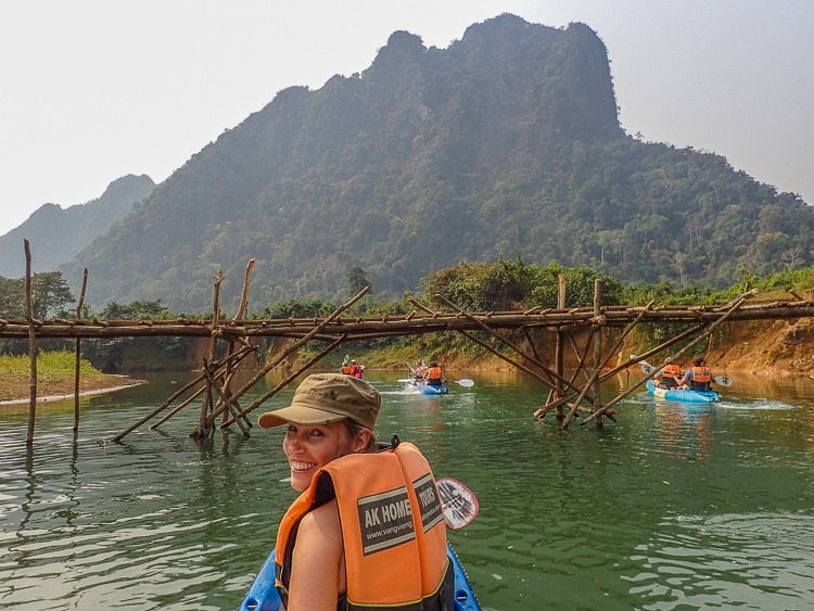 Navigating underneath a Bridge over Nam Song River Laos