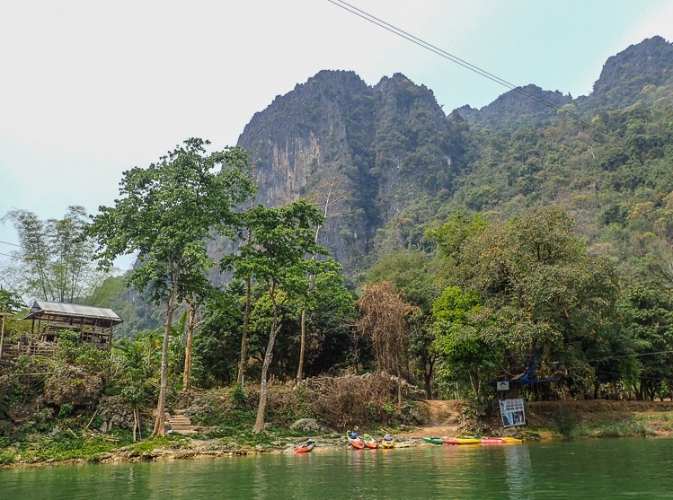 Kayaks on Shore of Nam Song in Vang Vieng